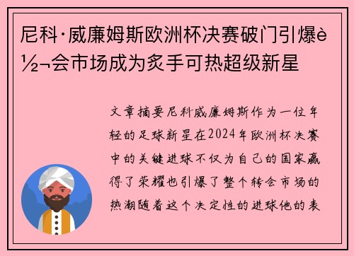 尼科·威廉姆斯欧洲杯决赛破门引爆转会市场成为炙手可热超级新星