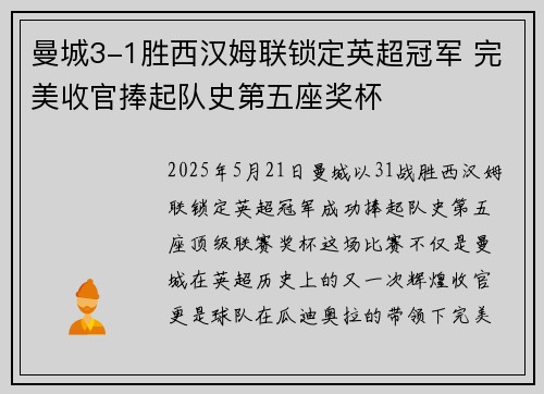 曼城3-1胜西汉姆联锁定英超冠军 完美收官捧起队史第五座奖杯