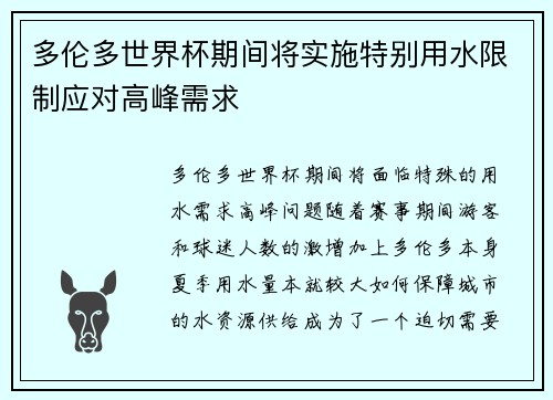 多伦多世界杯期间将实施特别用水限制应对高峰需求