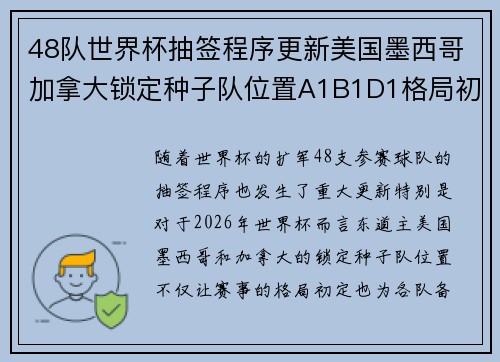 48队世界杯抽签程序更新美国墨西哥加拿大锁定种子队位置A1B1D1格局初定